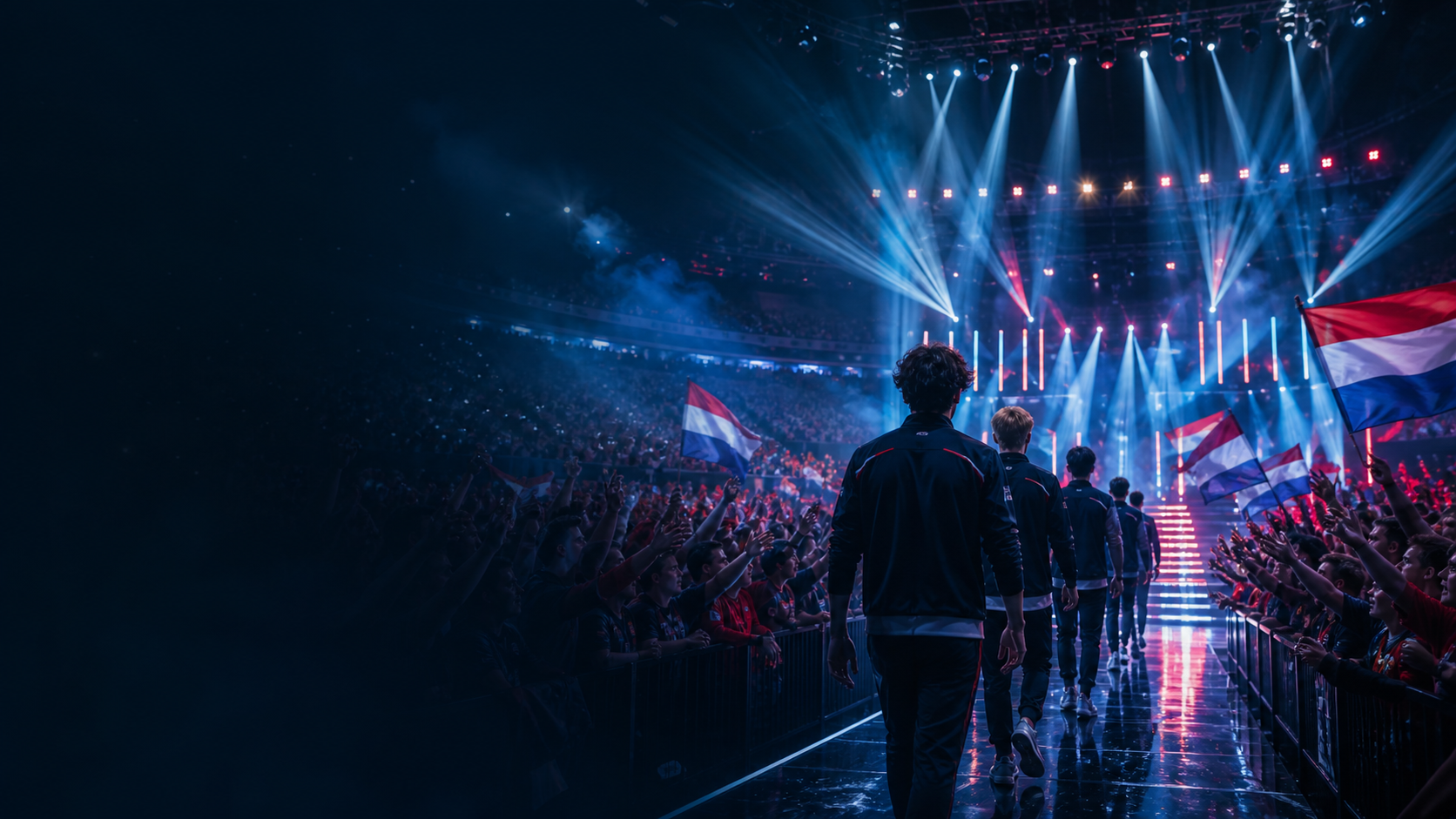 Jonge gamers spelen samen esports op een podium in Nederland